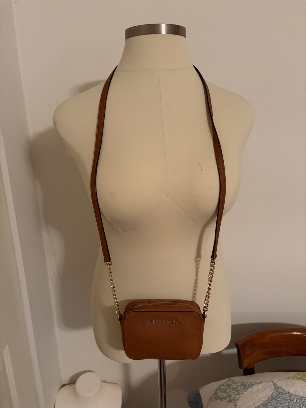 Michael Kors Tan Leather Crossbody Camera Bag with Gold Chain